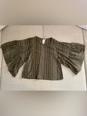 Blu Pepper Olive Green Striped Bell-Sleeve Blouse